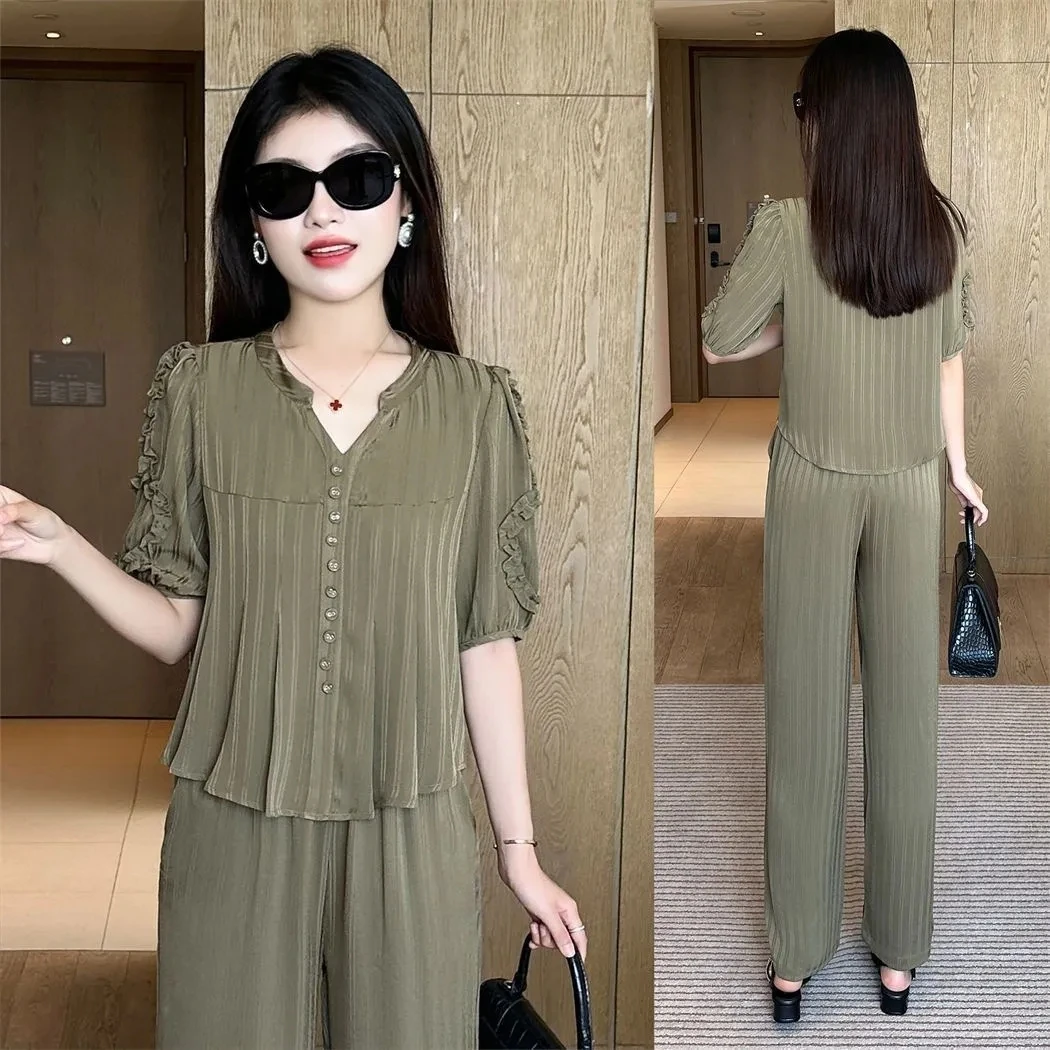 Korte Mouwen Oversized Afslankende Stijlvolle Casual Zomer Set Koreaanse Versie Zonwering Pak Voor Vrouwen Shirt + Broek Tweedelige Set