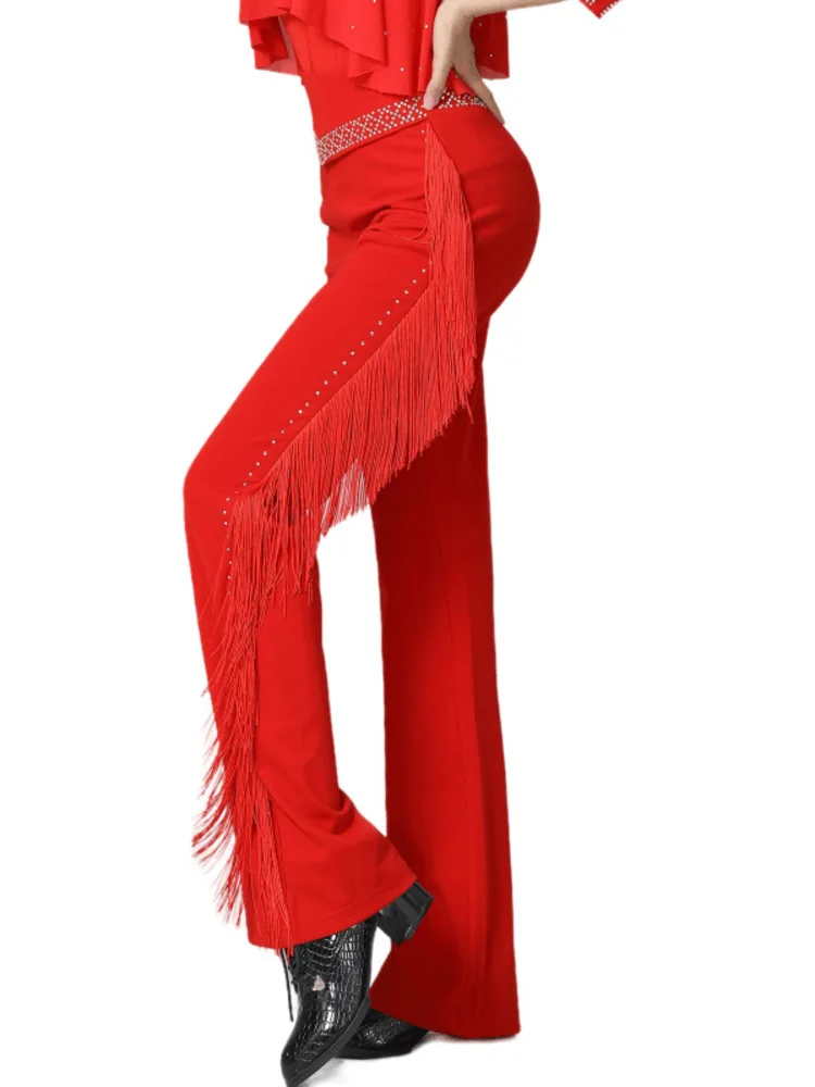Pantalon de danse à franges en strass taille haute – Pantalon de performance latine scintillant pour spectacles sur scène et de salle de bal