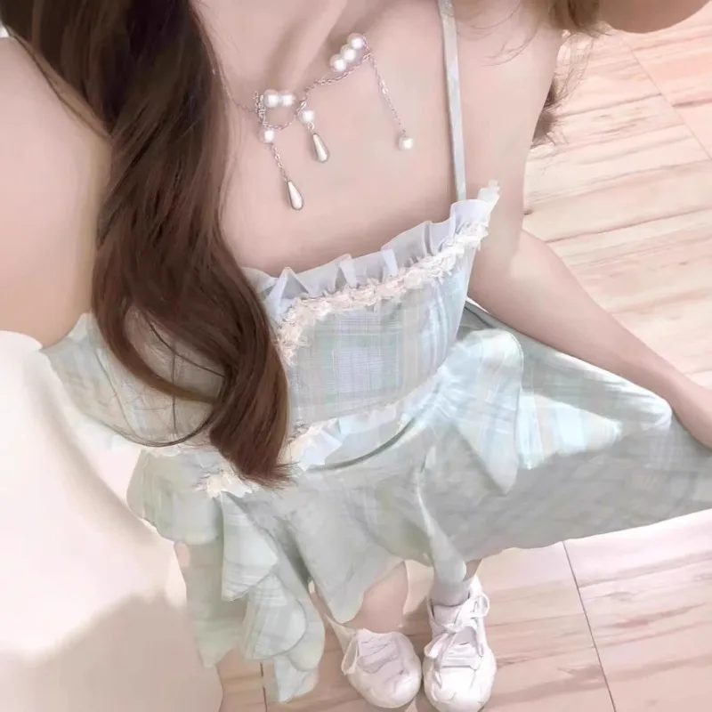 2023 neue Streetwear Französisch Süße Würzig Grün Liebsten Puffy Prinzessin Stil Midi Kleid Lolita Frauen Sommer Asymmetrische Kleider