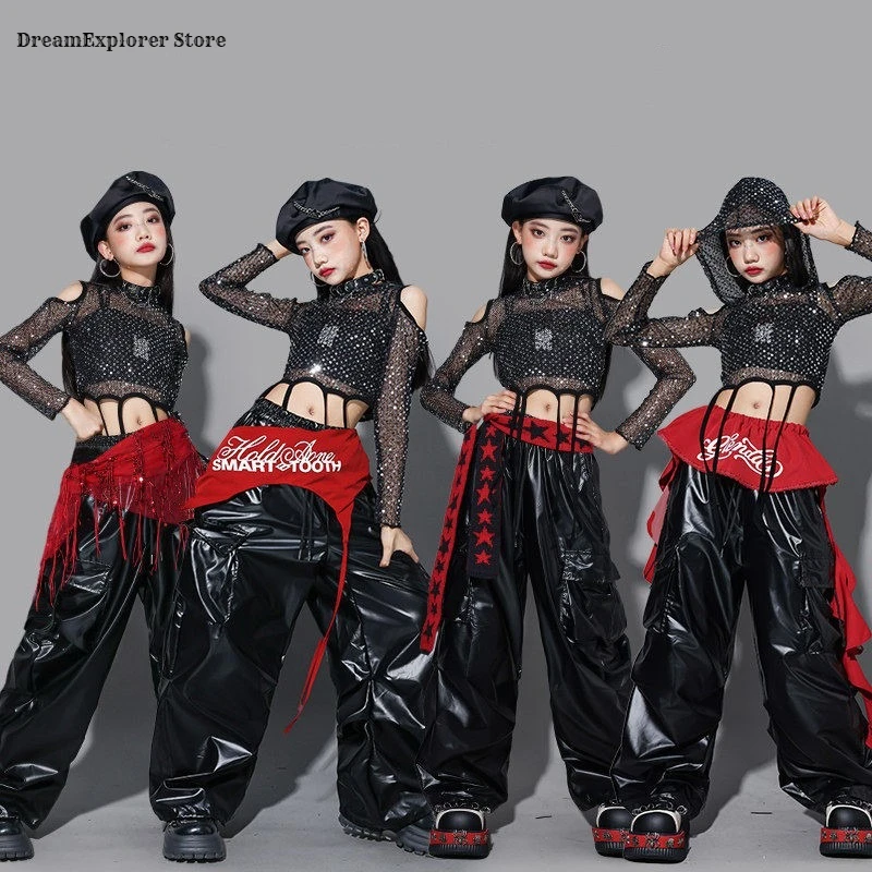 K-pop Girls Sequin Shiny Crop Hoodies Cargo Pants Children Streetwear Kid Teen Hip Hop Jazz Girl Group Street Dance Clothes Set