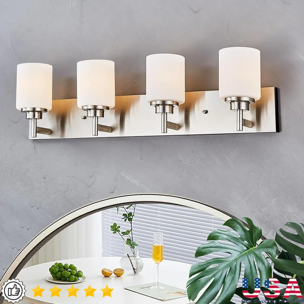 

Modern Bathroom Light Fixture Dimmable Vanity Lighting 4-Light Stainless Steel Rustproof Wall Sconce with Frosted Glass Shade
