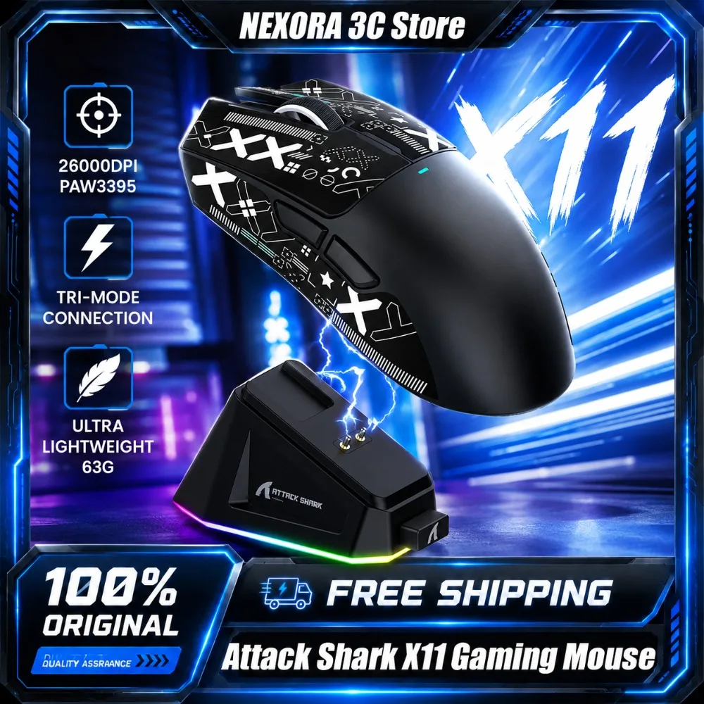 X11 Attack Shark Wireless Gaming Mouse RGB Docking Charger PAW3311 Macro Magnetic 1000Hz Tri Mode Mice for Valorant Gamer