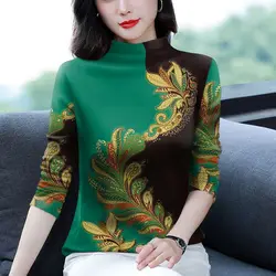 New Women's 2024 Spring and Autumn Splicing Half High Collar Printed Fashion Slim Versatile Minimalist Casual Long Sleeve Tops