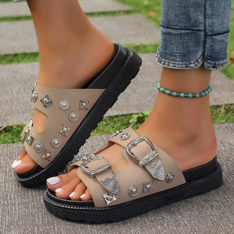

2025 Large Size Summer Casual Slip-On Slippers Women's Pure Color Mesh Breathable Double Buckle Comfortable Style Sandals