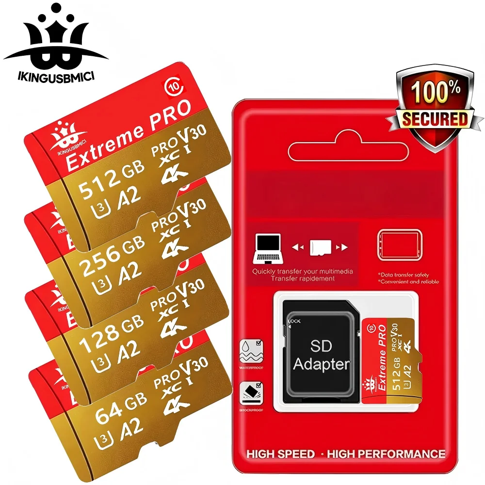 Cartão de Memória Original Durável de Alta Qualidade Classe 10 U3 com Velocidade Flash Rápida para Câmeras Mini, 32-64-128-256-512GB, Confiável e Premium