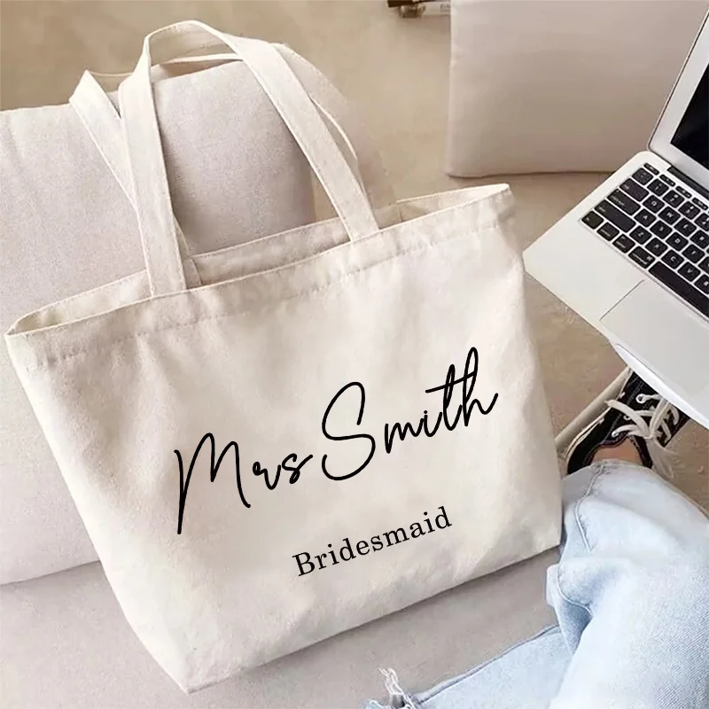 Customized Name Canvas Tote Bag Simple Wedding Party Shoulder Bag Personalized Bridesmaid Gift Handbag Eco Friendly Shopping Bag