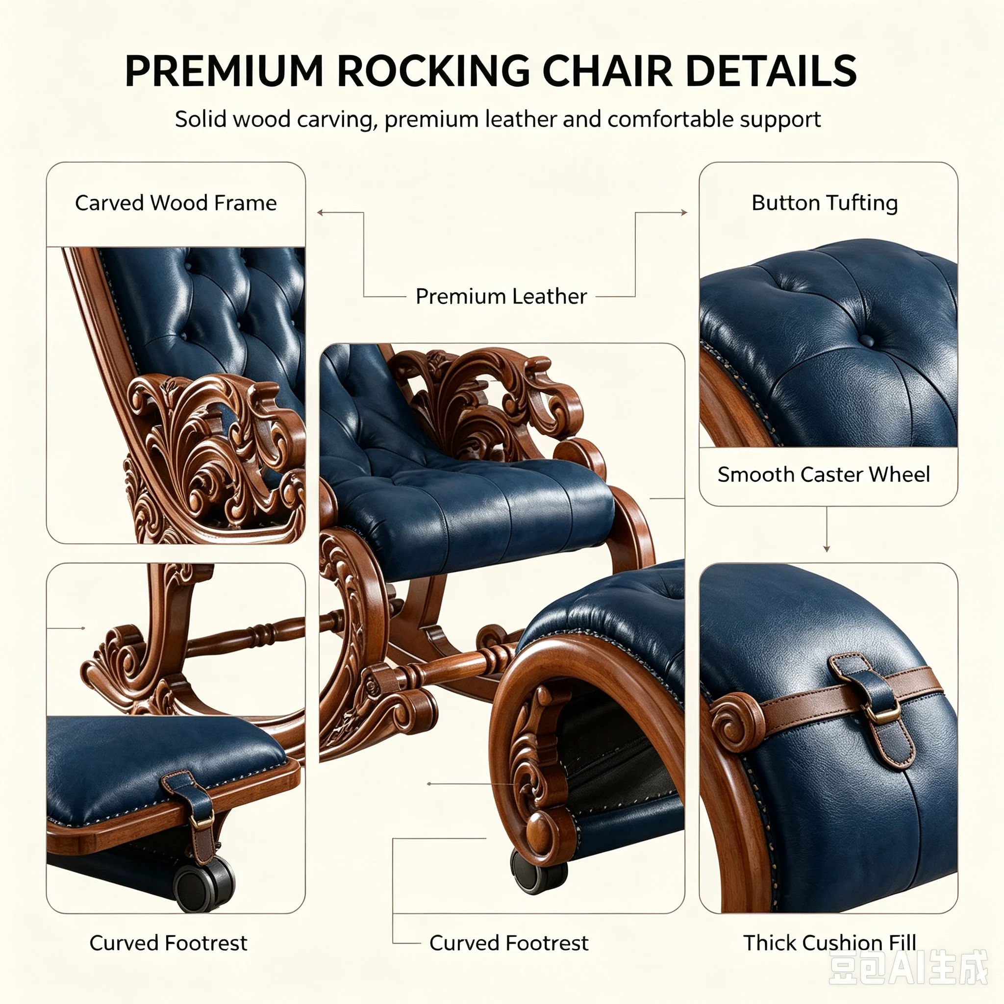LLY Leather Rocking Chair Home Leisure Elderly Reclining Chair Solid Wood Balcony Adult Lunch Lazy Chair