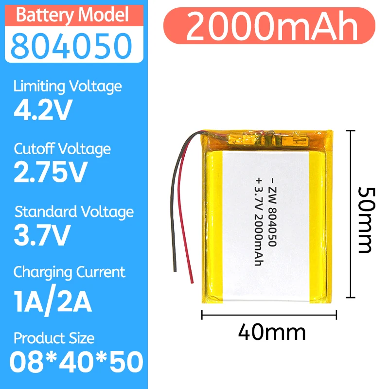 

3.7V 2000mAh 804050 Lithium Polymer i ion Rechargeable Battery for Bluetooth speaker Air purifier handheld beauty instrument