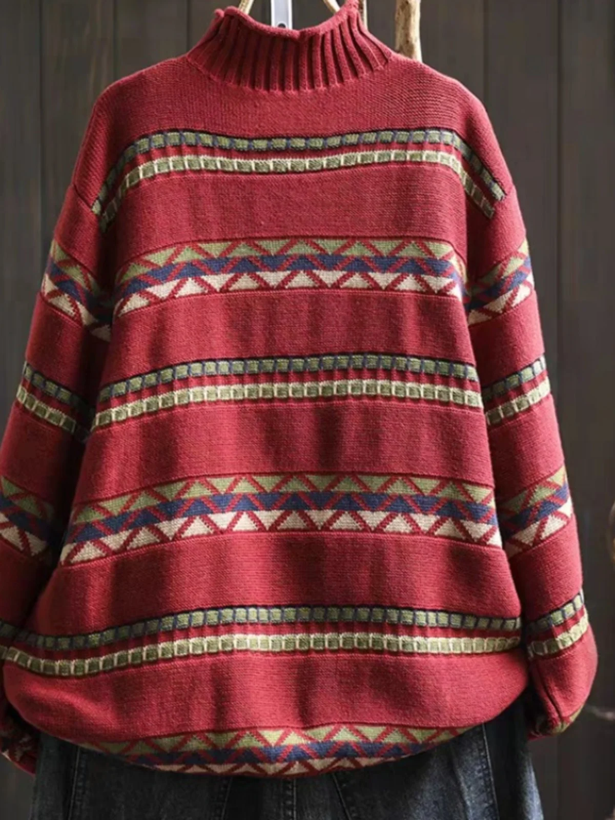 レトロニットコットンセーター女性ルーズカジュアルオーバーヘッド f ハイカラースリミングトレンディロング Sve 植物花柄