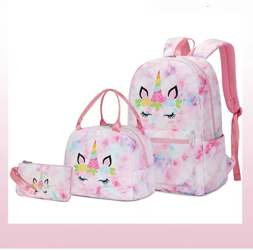 Children Fashion Unicorn Three Pieces Water Proof Suit For Teenagers Pencil Bag Lunch Bag School Bag Student Girls Backpack Set