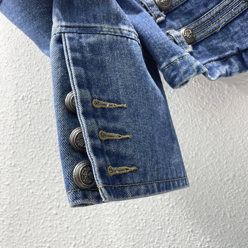 Retro Denim Jacket Women Versatile French Port Style POLO Collar Top Multi Breasted Jacket