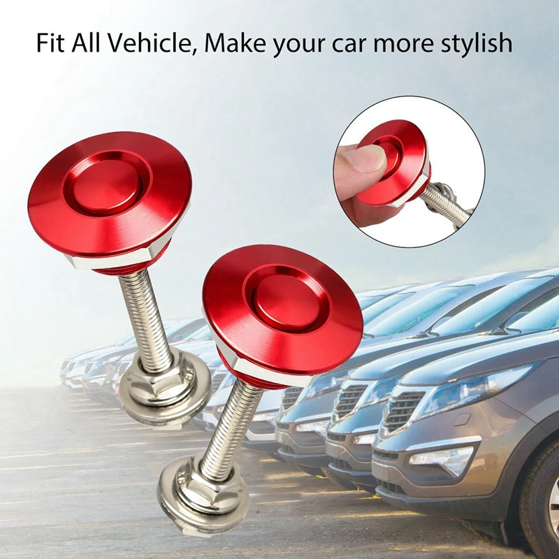 2 Set Quick Release Push Hood Latch Button Car Pin Bonnet Lock Bumper Clip Latches Silver & Red