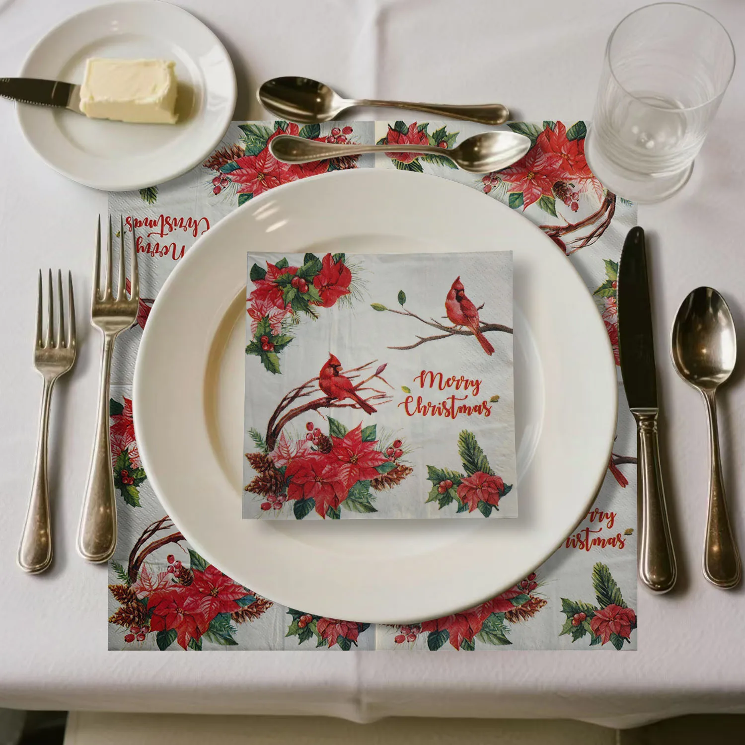 20 قطعة مناديل ورقية لعيد الميلاد الاحتفالية - تصميم طائر الكاردينال والبونسيتة وهولي التوت، مناديل ديكوباج للاستعمال مرة واحدة مقاس 33 × 33 سم