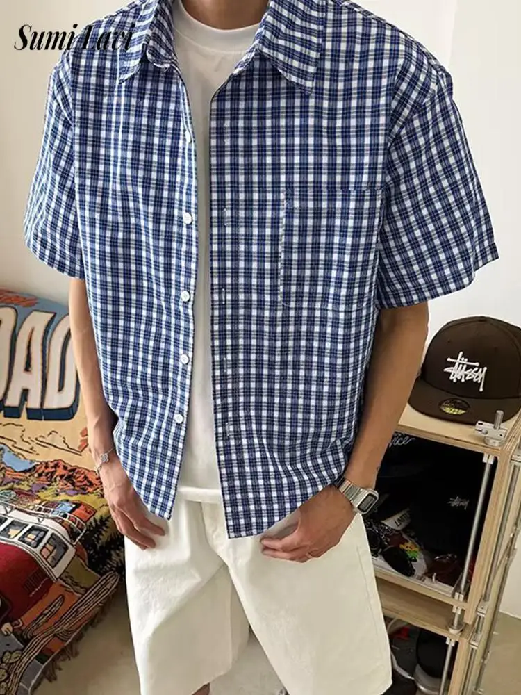 

Casual Short Sleeve Mens Shirt Tops 2026 Summer Daily Leisure Buttoned Turn-down Collar Shirts Men Vintage Plaid Printing Shirt