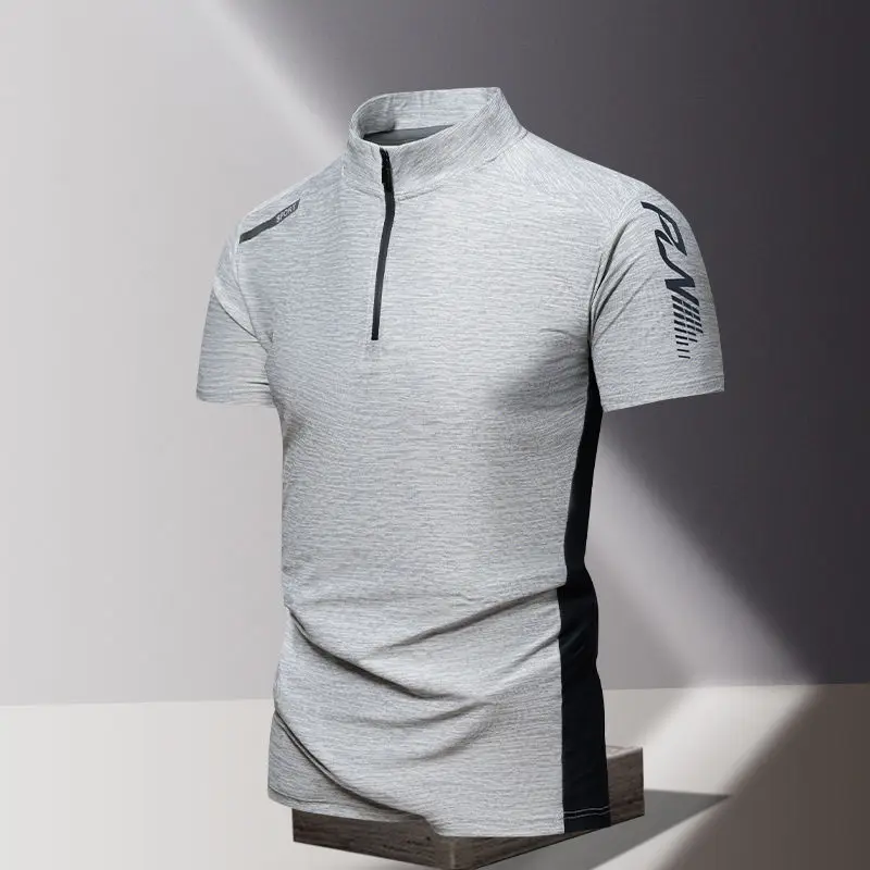 New Fashion Ice Silk Quick Dry Men's Stand-up Collar T-shirt Short-sleeved Sports Fitness Summer Running Polo Shirt Half Zipper