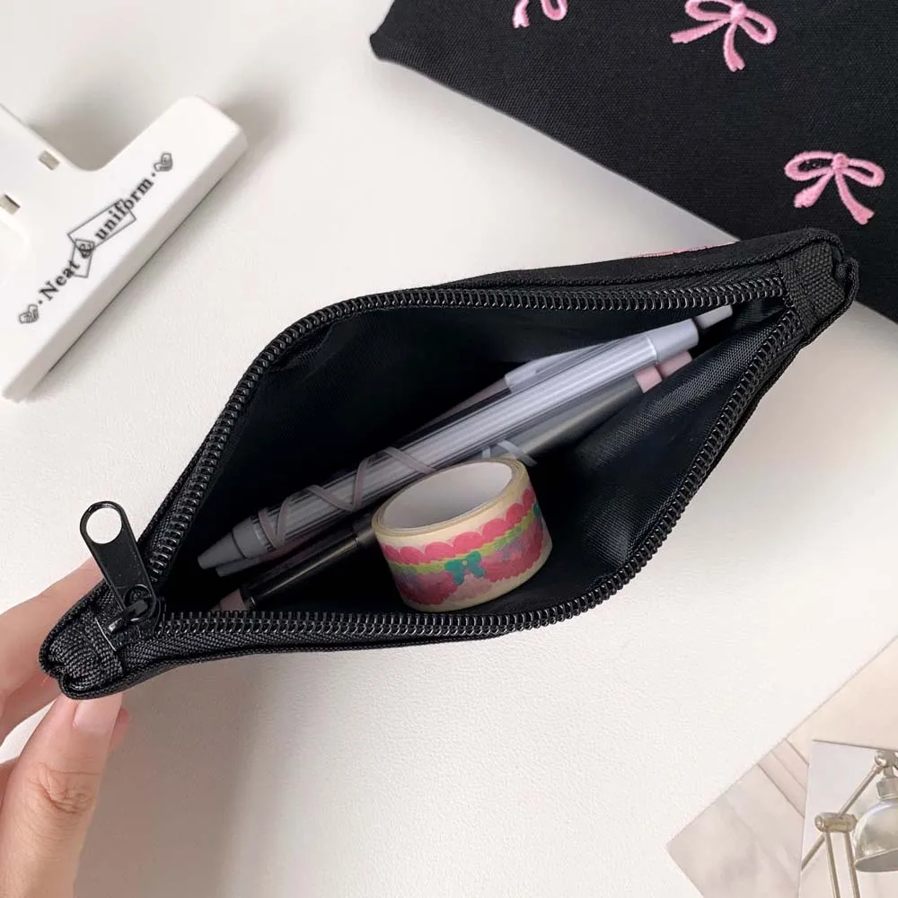 Bowknot Bow Stationery Bag Desktop Storage Black Pink Korean Style Pencil Case Ins Style Large Capacity Bow Pencil Pouch Office