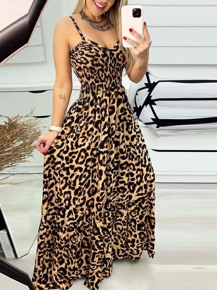 

Women's Fashion Leopard Print Dresses 2025 Summer Sexy V-neck Paghetti Strap Long Dress Elegant Female New Vestidos Party Dress