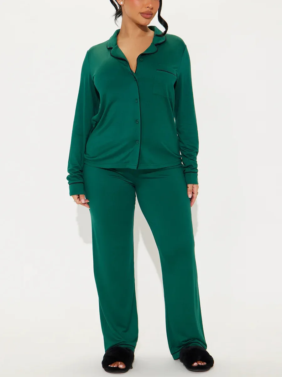 

Модный однотонный комплект из 2 предметов, весенне-осенний повседневный комплект с длинными рукавами и карманами на пуговицах, рубашка с высокой талией, широкие брюки, женский комплект