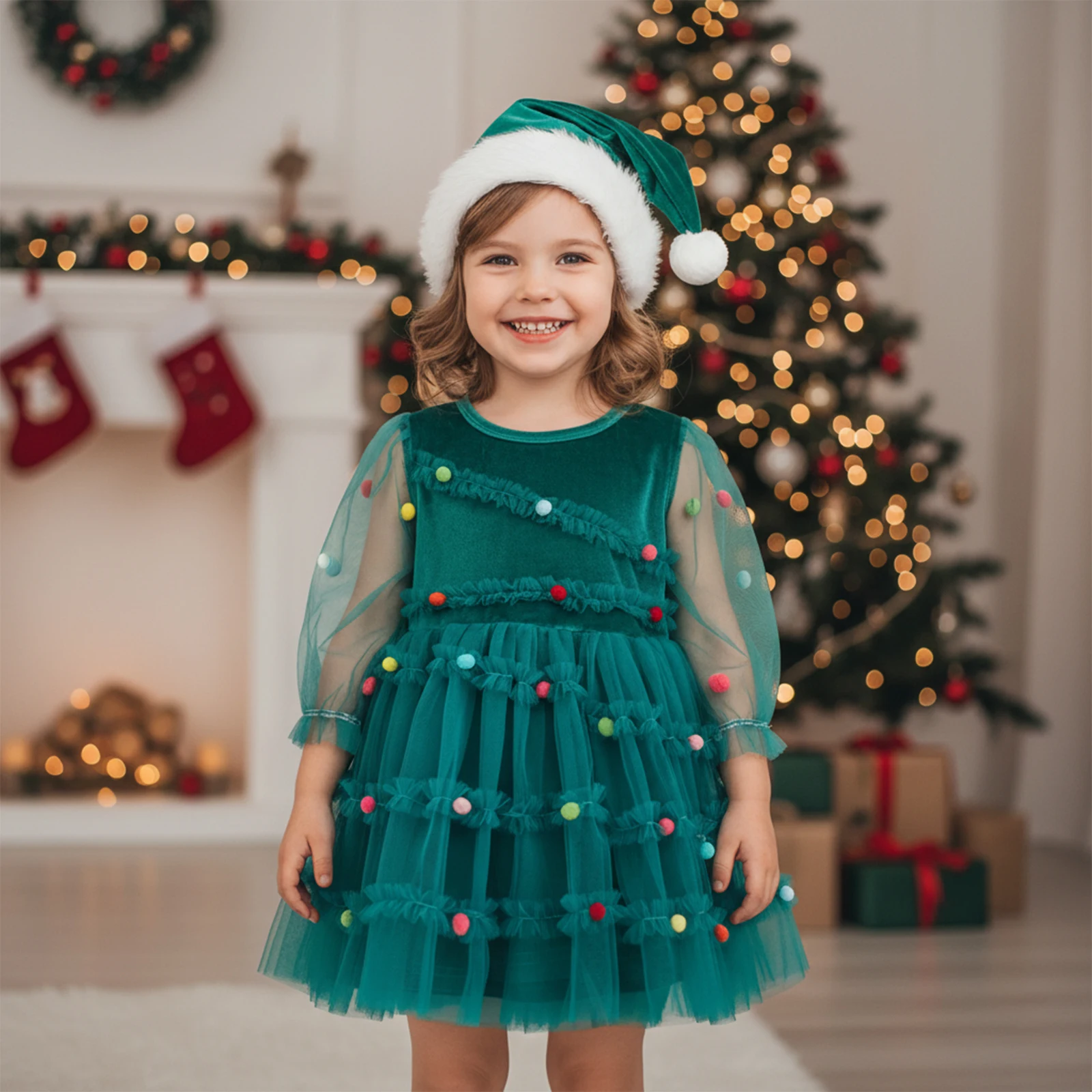 فستان Tregren للأطفال الصغار في عيد الميلاد للفتيات الصغيرات، فستان من التول بأكمام طويلة وقبعة سانتا الخضراء مكون من قطعتين