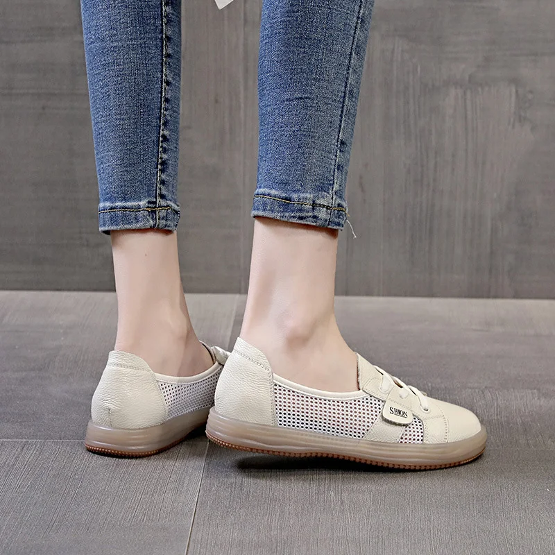 CXJYWMJL Genuine Leather Women Mesh Sneakers Summer Breathable Casual Vulcanized Shoes Ladies Small White Skate Shoes Female