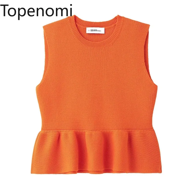 Topenomi Orange Knitted Vest Women French Elegant O Neck Sleeveless Slim Fit Ruffle Crop Top Summer Y2k Fashion Solid Pullover