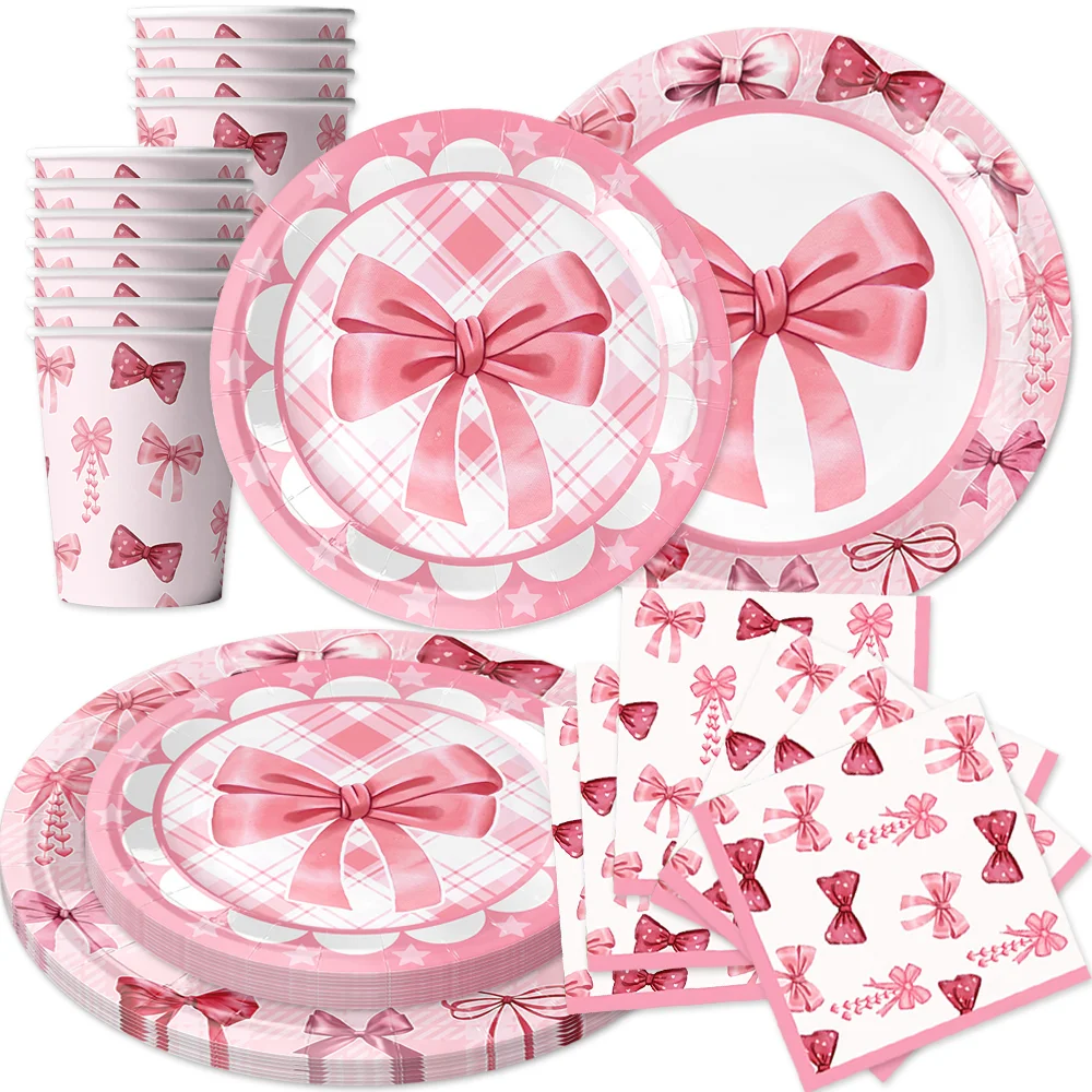 Pink Coquette Bow Disposable Tableware Set Paper Plates Cups Napkins Tablecloth Girls Birthday Baby Shower Party Supplies view 6