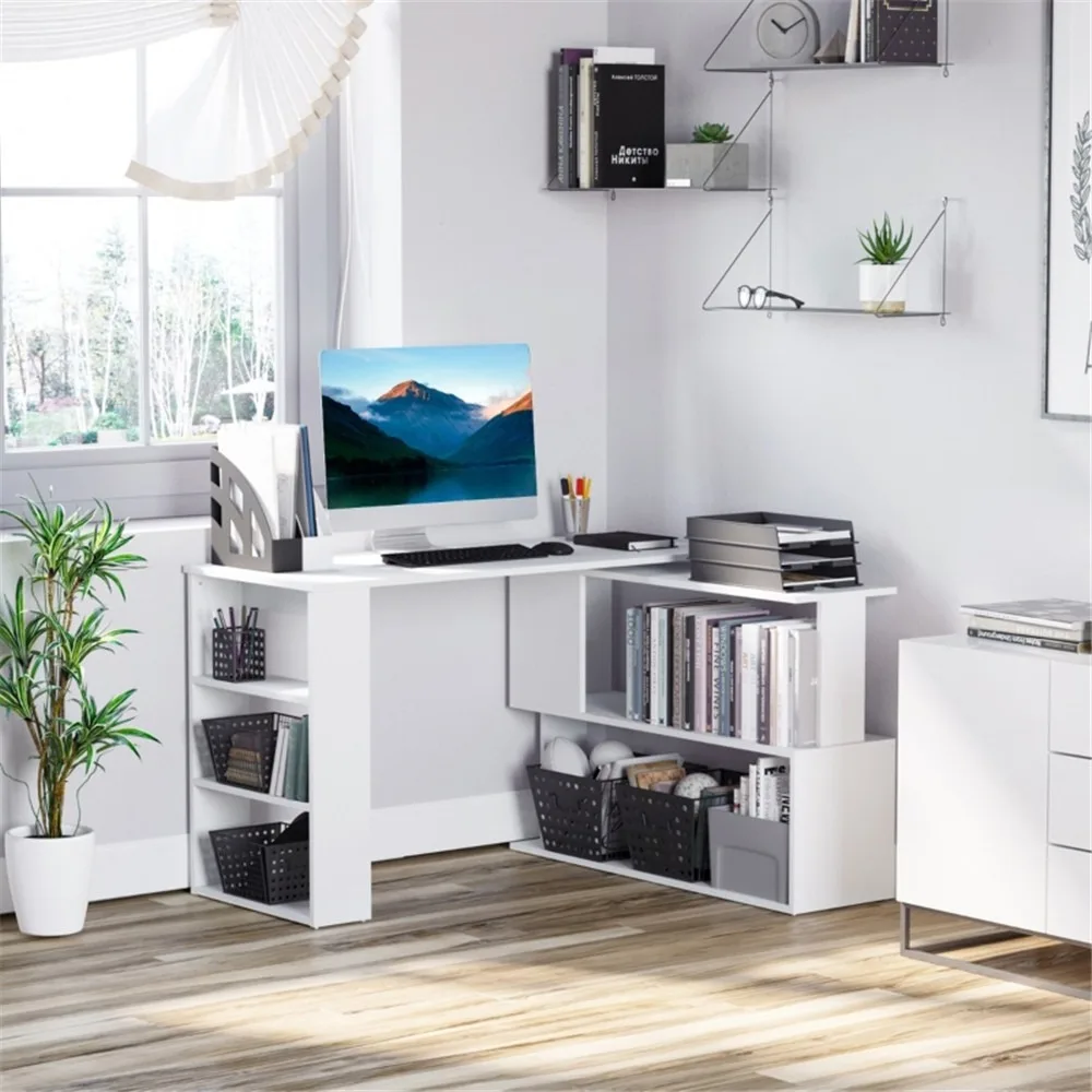 

L-shaped 2 tier s-shaped shelf and 3-tier side bookcase, for livingroom,home office, White Grain, computer desk