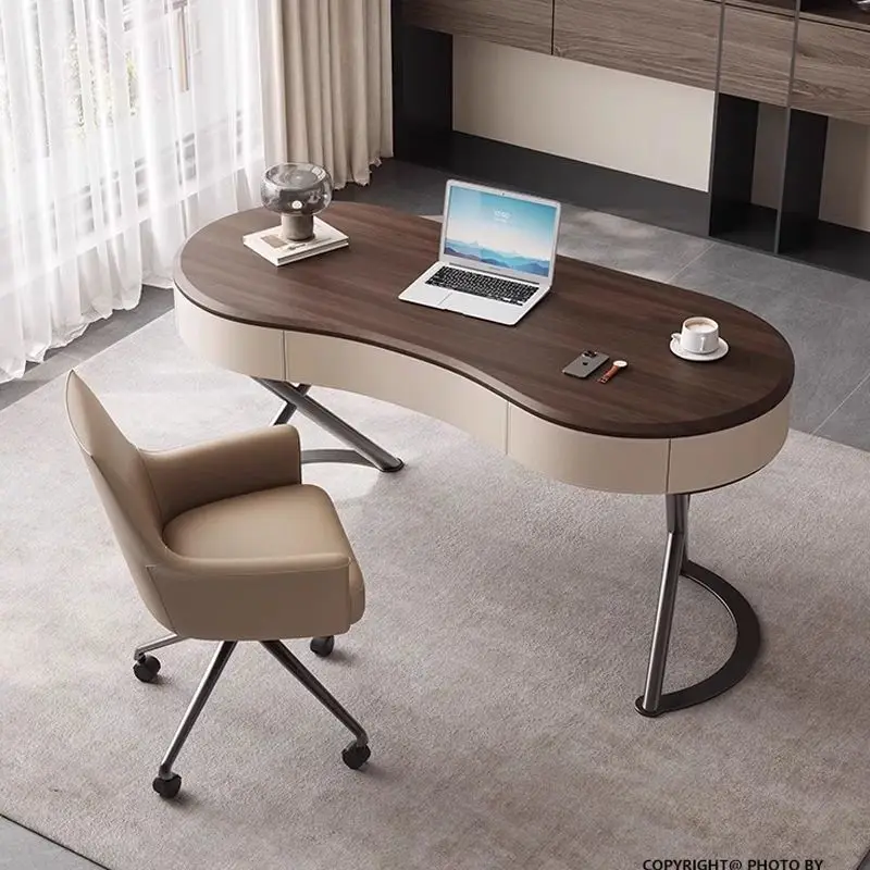 Simple high-end solid wood saddle leather desk, light luxury home study bedroom walnut leather office computer desk