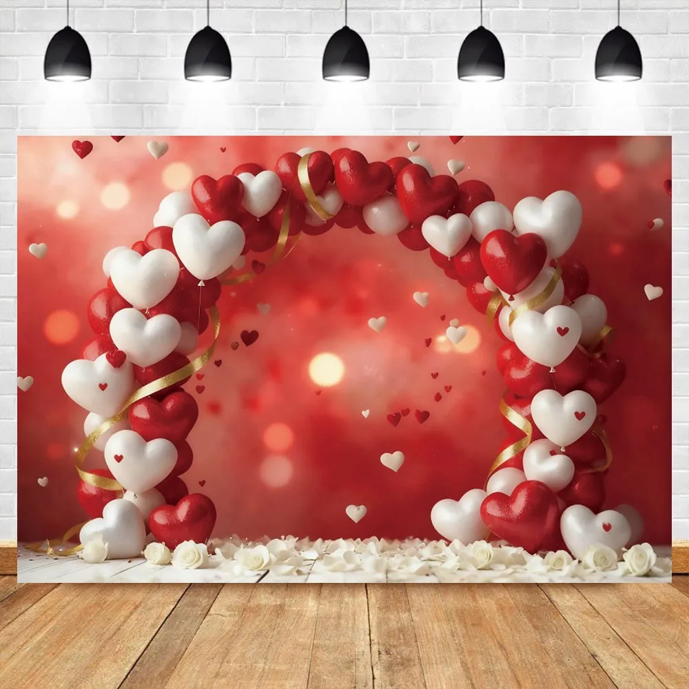 February 14 Valentine's Day Backdrop Red White Love Heart Balloon Glitter Lights Wedding Dreamy Birthday Photography Background