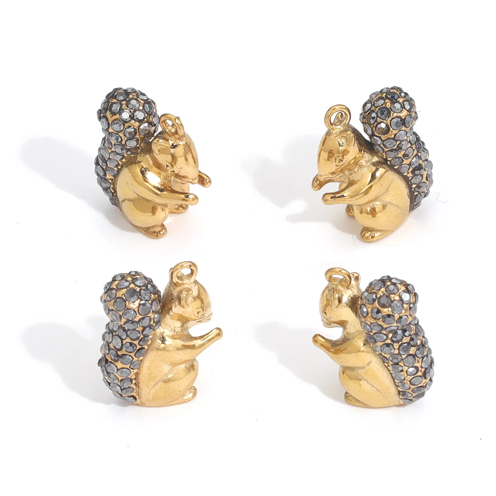 4pcs Stainless Steel Cute 3D Squirrel Gold Color Zircon Charms Pendants Making Findings Connect Necklace Diy Jewelry Wholesale