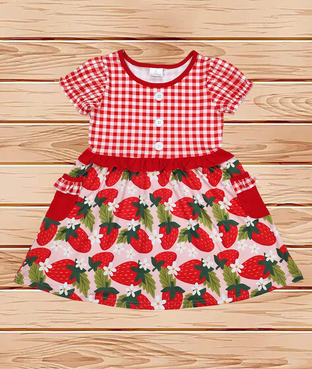 

3.25 Wholesale Hot Sale western boutique kids children Baby Girls Red Checkered Strawberry Knee Length Dresses