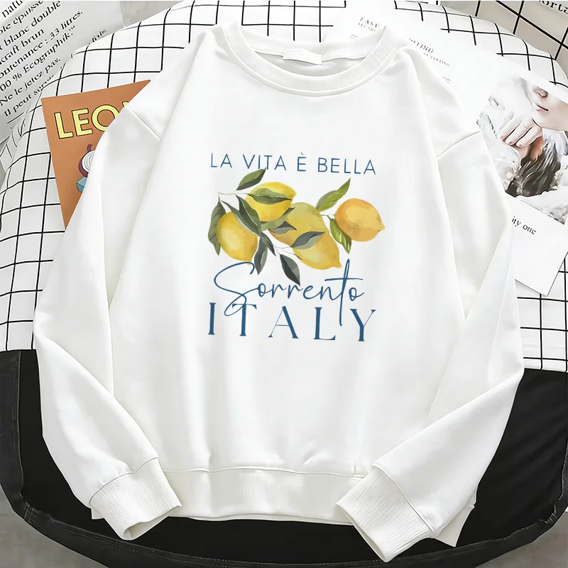 Damen-Hoodies mit lockerem Grafik-Zitronen-Print, Basic-Warm-Fleece-Sweatshirt, weicher, atmungsaktiver O-Ausschnitt-Pullover, lässige Damenkleidung