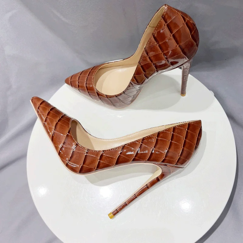 Tikicup Brown Crocodile Effect Women Sexy Pointy Toe High Heel Shoes Plus Size 33-46 Slip On Stiletto Pumps for Evening Dress