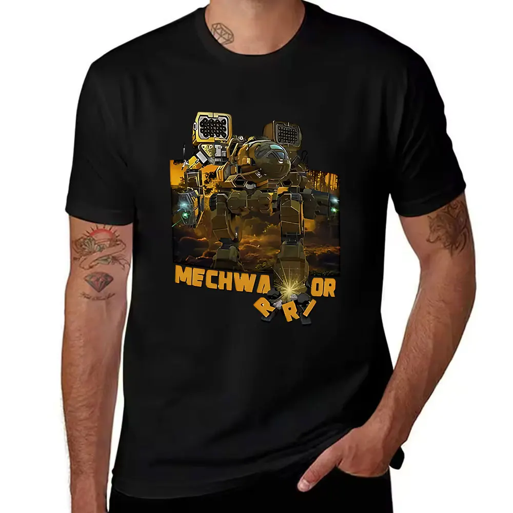 Men's Cotton T-Shirt with Tactical Battle Mech Graphic, Casual Short Sleeve Tees for Daily Wear & Outdoor Activities