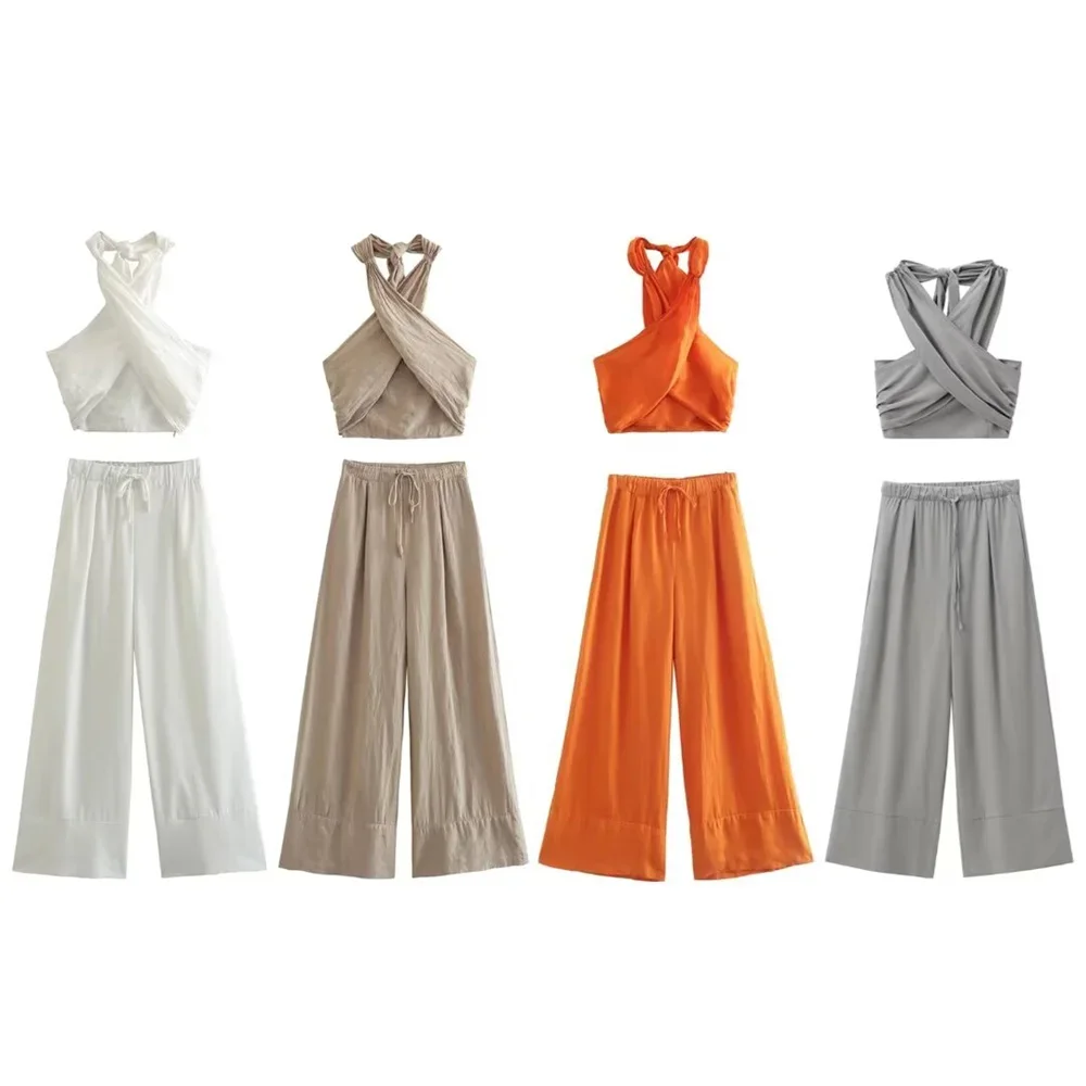 LIBIELIY LIBIELIY 2025 Summer New Women's European And American Style Hanging Neck Linen Short Top High Waist Wide Leg Pants Set