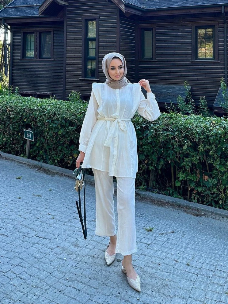 

Women Eid Muslim Sets Ensemble Two Pieces Kaftan Islam Single Breasted Button Blouses Solid Belt Arab Pleated Wide Leg Pants