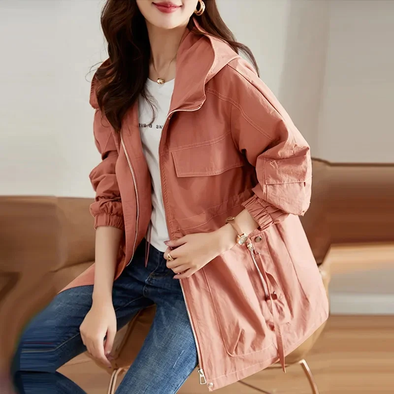 Women Mid Length Version Windbreaker Jacket Ladies Hooded Trench Top Coat 2024 Spring Autumn Female Large Size 4XL Lined Outwear