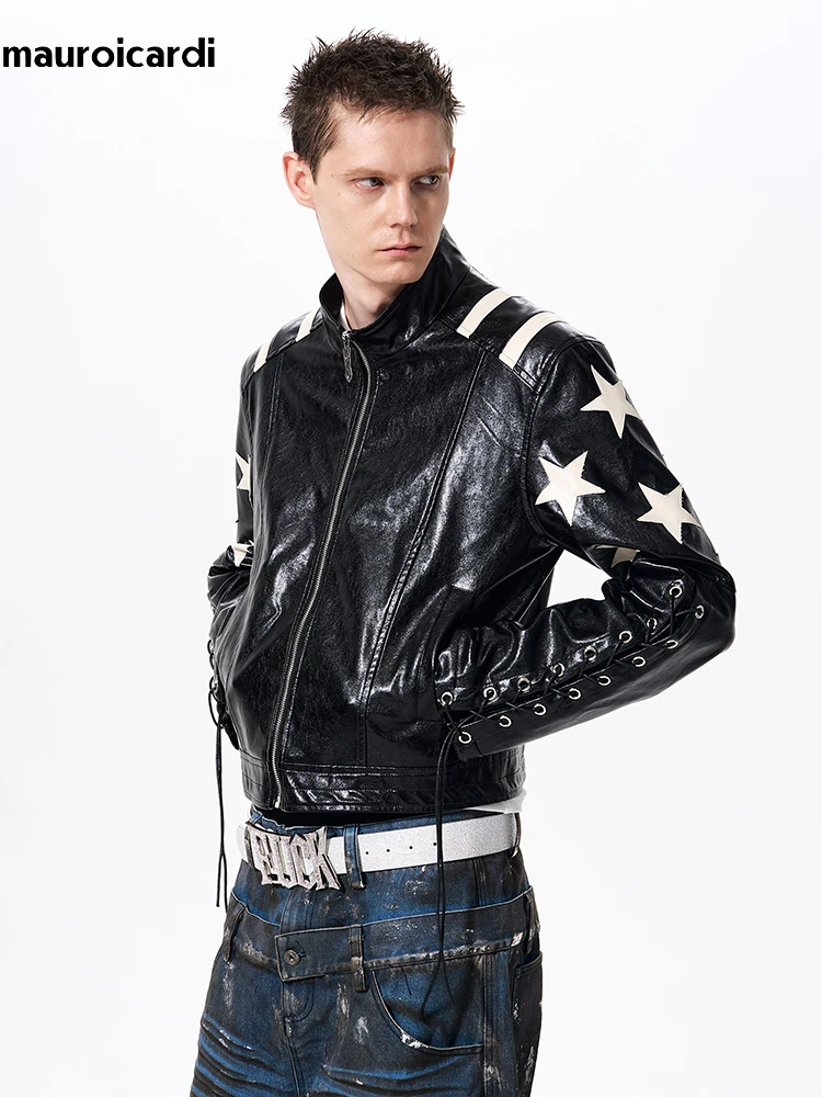 Mauroicardi Spring Autumn Cool Patchwork Pu Leather Jacket Men with Five-pointed Star Zipper Luxury Designer Emo Lace Up Clothes