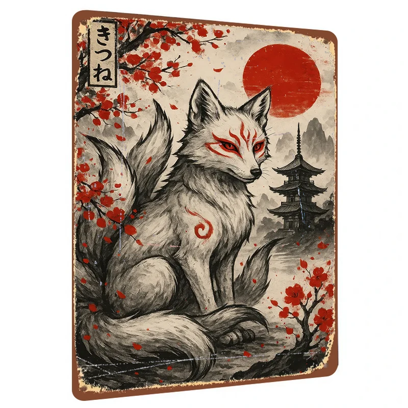 Japanese Style Kitsune Fox Metal Wall Art with Red Sun Temple and Cherry Blossom Decor for Home Office