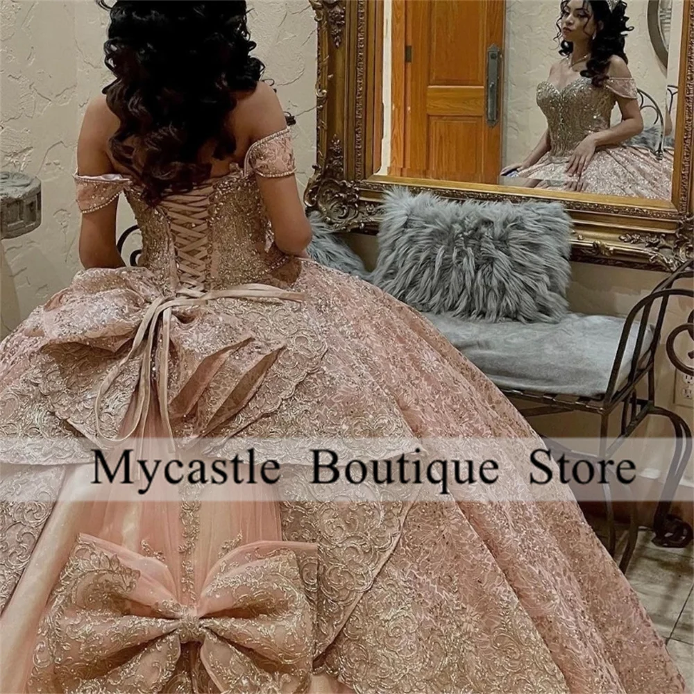 Customized Rose Gold Customized Quinceanera Dresses 2025 With Bow Off Shoulder Ball Gown Appliques Crystals Beads Sweet 16 Dress image 2