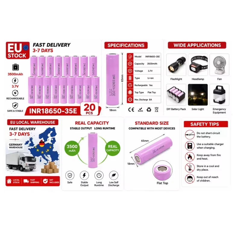10 Pezzi Batteria al Litio 18650 Originale 35E, 3450mAh-3500mAh, 3.7V 25A, Alta Potenza Inr18650 per Utensili Elettrici