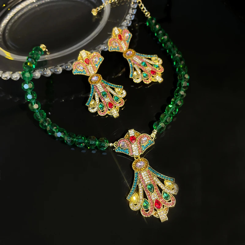 Vintage Baroque Style Green Beads Necklace For Women Geometric Colourful Crystal Earrings Banquet Jewelry Sets