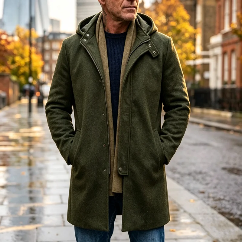 Daily Casual Hooded Woolen Jacket Fashionable Solid Color Long Sleeve Mid Length Coat 2026 Autumn Winter Street Wear Mens