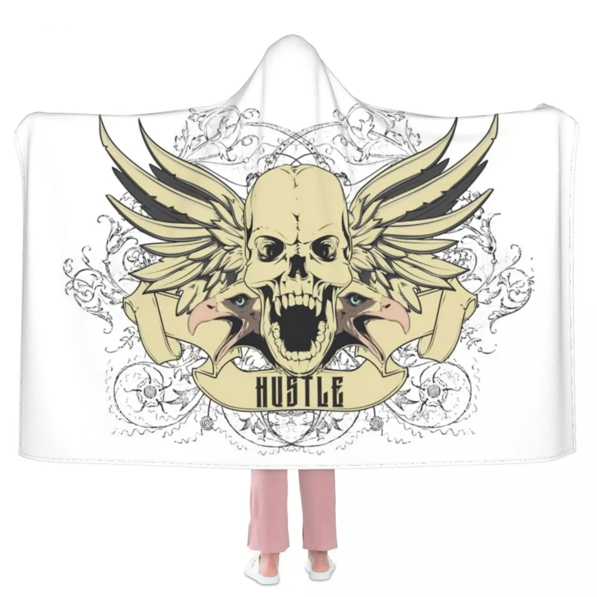 Hustle Skull Wings Blanket hustler grunge Sofa Soft Hooded Blanket Fashion Fluffy Fleece Bedspread