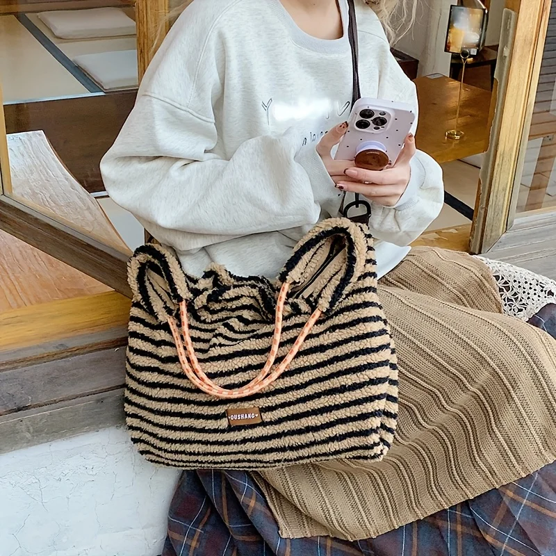 

Large Capacity Striped Tote Bag All Match Plush Shoulder Bag Casual Handbag for Vacation Travel Daily Wear Women Crossbody Bag