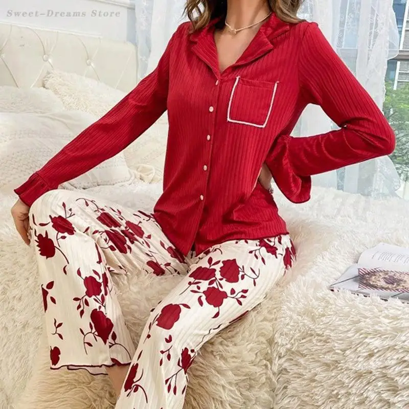 

Spring Autumn New Lady Pajamas Suit Red Long Sleeve Sleepwear Lapel Top Pant Loungewear Loose Casual Pijama Mujer Home Clothes