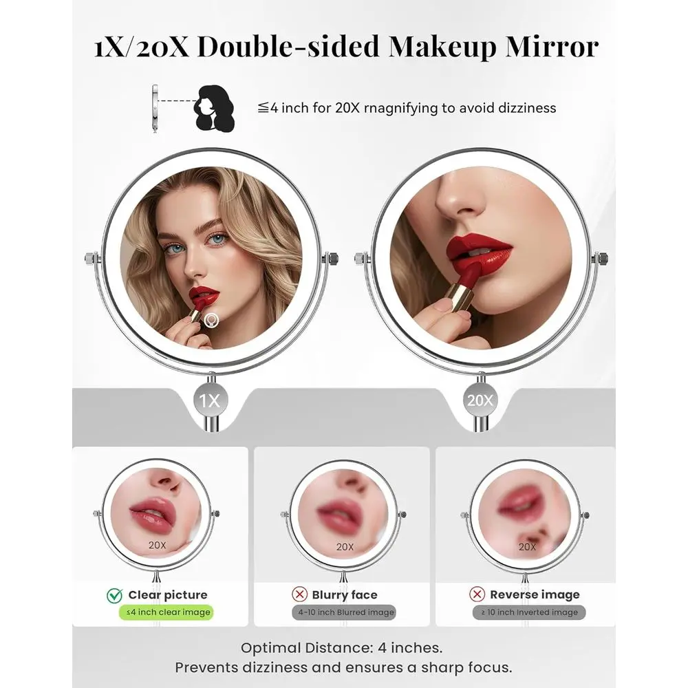 Miroir de courtoisie LED grossissant 20x avec batterie 4000mAh, miroir de maquillage chromé double face pour femmes, support de bureau