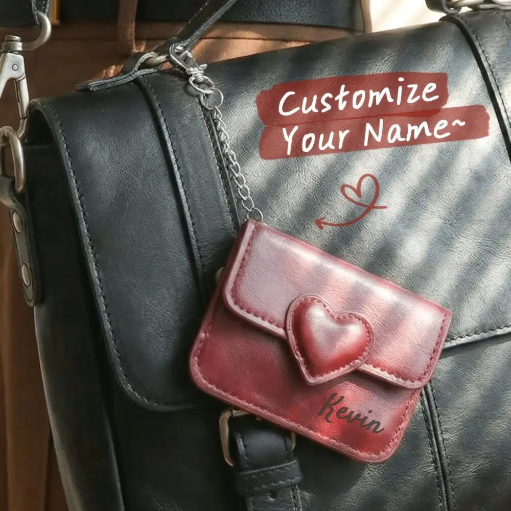 Custom Heart-Decor PU Leather Card Holder Personalized Name Print Mini Wallet With Chain Keyring Multi-color Small Coin Purse
