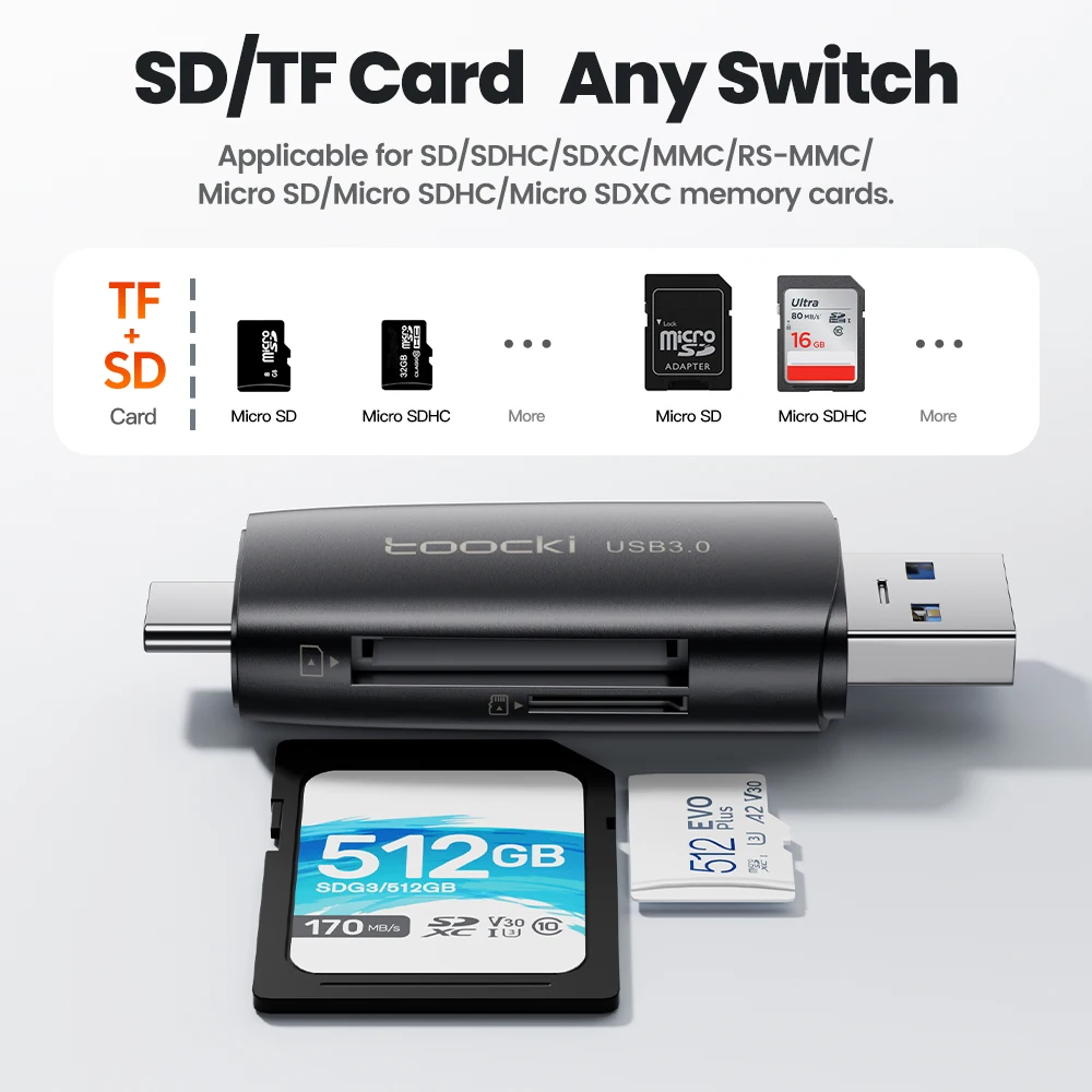 Toocki เครื่องอ่านบัตร usbc & USB3.0เป็น SD Micro SD TF อะแดปเตอร์การ์ดหน่วยความจำสำหรับ MacBook Linux PC อุปกรณ์เสริมแล็ปท็อป tf/sd การ์ด