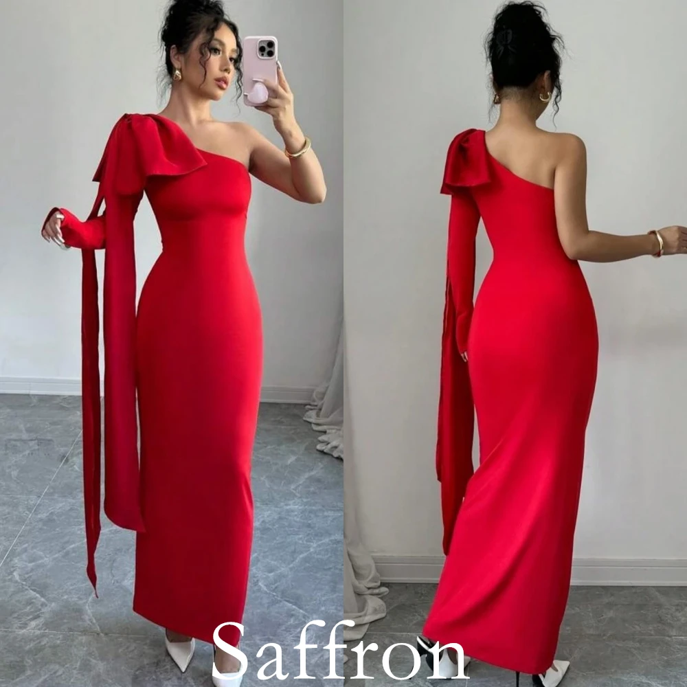 Customized Exquisite Big Bow Ribbons Evening Dress Graceful Sheath Party Dress Fashion One Shoulder Long Sleeves Celebrity Gowns